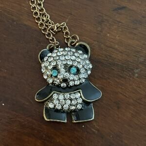 Black & White Panda Bear Crystal Pendant Necklace Gold Tone Chain Bling 30”